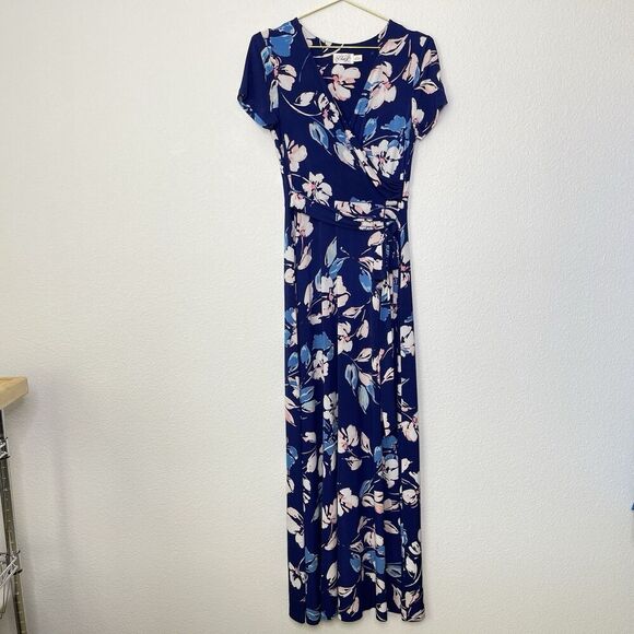 Eliza J Maxi Dress Sz 6 Faux Wrap Long Jersey Stretch Blue Floral Short Sleeve - Picture 4 of 15